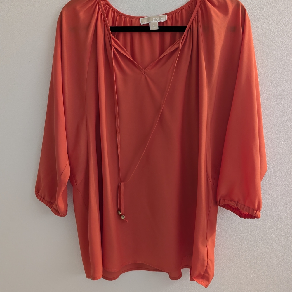 🧡 Michael Kors Peasant Blouse – Size L – Flowy Orange Tie-Neck Top